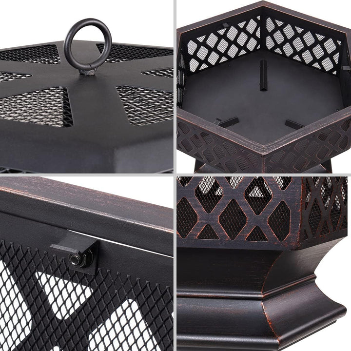 Gardebruk® Feuerschale mit Funkenschutz Sechseckig Stahl Modern Rost-Optik Garten Terrasse Feuerstel