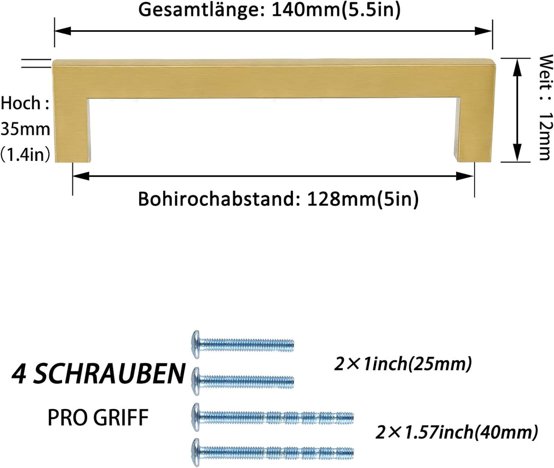 10 Stück Möbelgriffe Gold Griffe für Küchenschränke Gold, LONTAN Schrankgriffe 128mm Lochabstand Sch