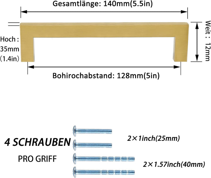 10 Stück Möbelgriffe Gold Griffe für Küchenschränke Gold, LONTAN Schrankgriffe 128mm Lochabstand Sch