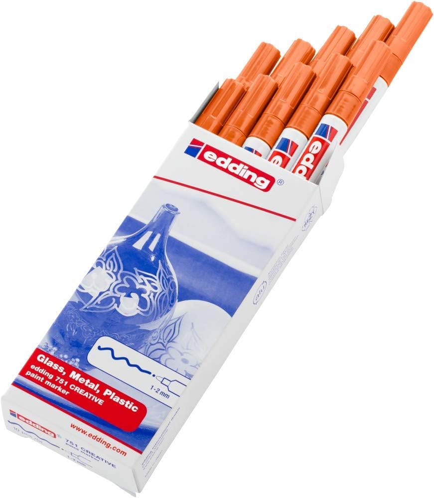 edding 751 Glanzlackmarker - orange - 10 Lackmarker - Rundspitze 1-2 mm - Lackstift für Glas, Stein,