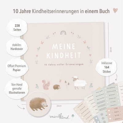 mintkind® "Meine Kindheit" Erinnerungsalbum Beige + Sticker Set I deine ersten 10 Jahre I Fotoalbum