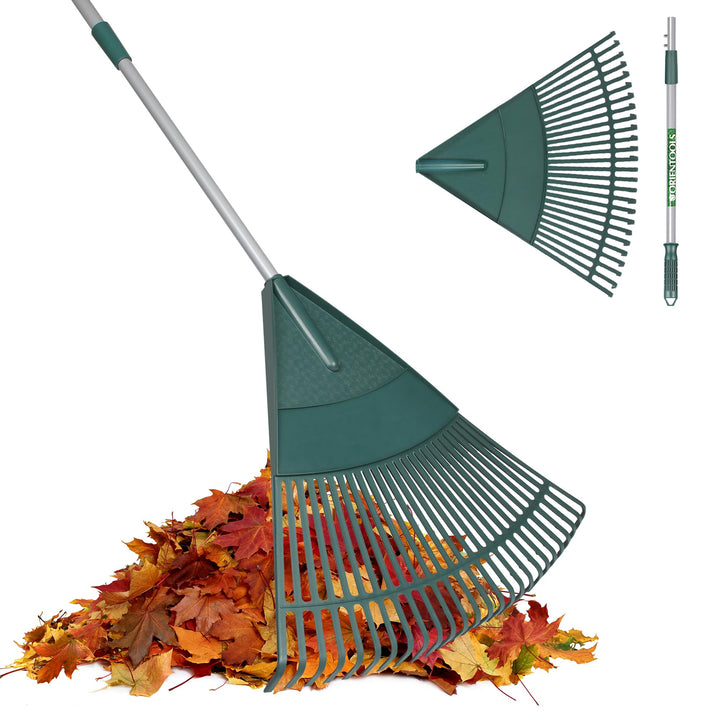 ORIENTOOLS Garten Laubrechen, Garten Rechen für Rasen Laub mit verstellbarem Griff 120 bis 165 cm Re