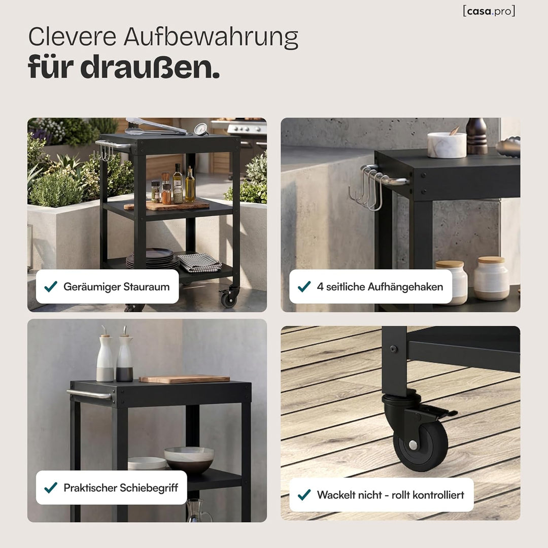 casa.pro Outdoor Servierwagen Bolognano Garten Rollwagen Stahl 81 x 50 x 50 cm Grillwagen mit 4 Hake