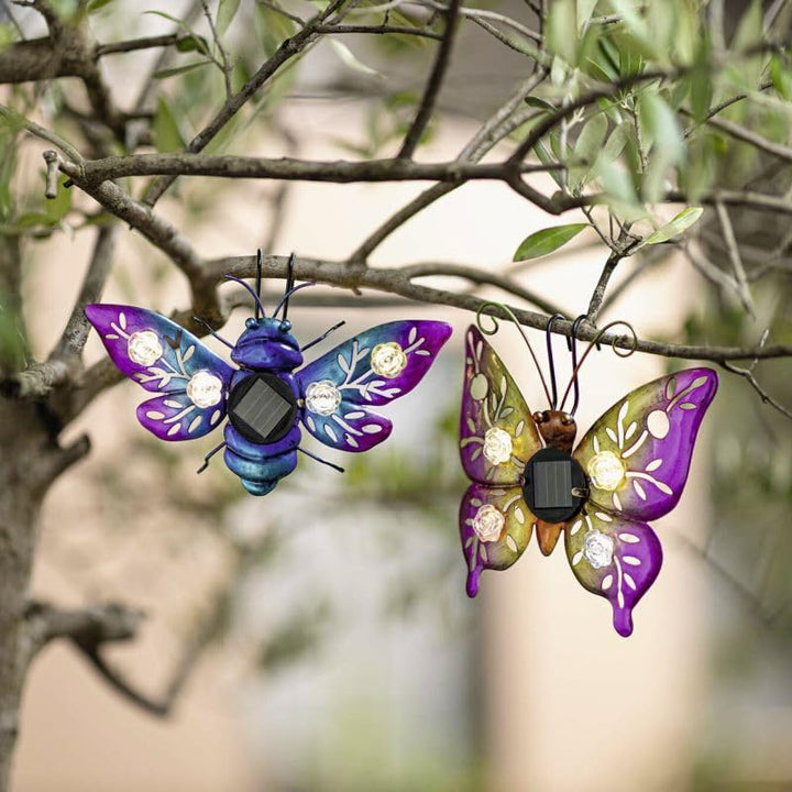 FRANK FLECHTWAREN Solar-Deko Butterfly & Beetle, 2er Set, Metall, lackiert, je 4 warmweisse LEDs, So