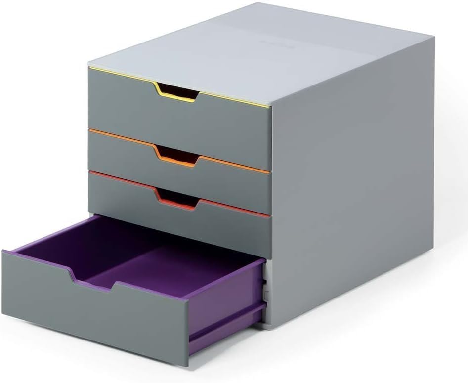 Durable Schubladenbox A4 (Varicolor) 4 Fächer, mit Etiketten zur Beschriftung, mehrfarbig, 760427, 4