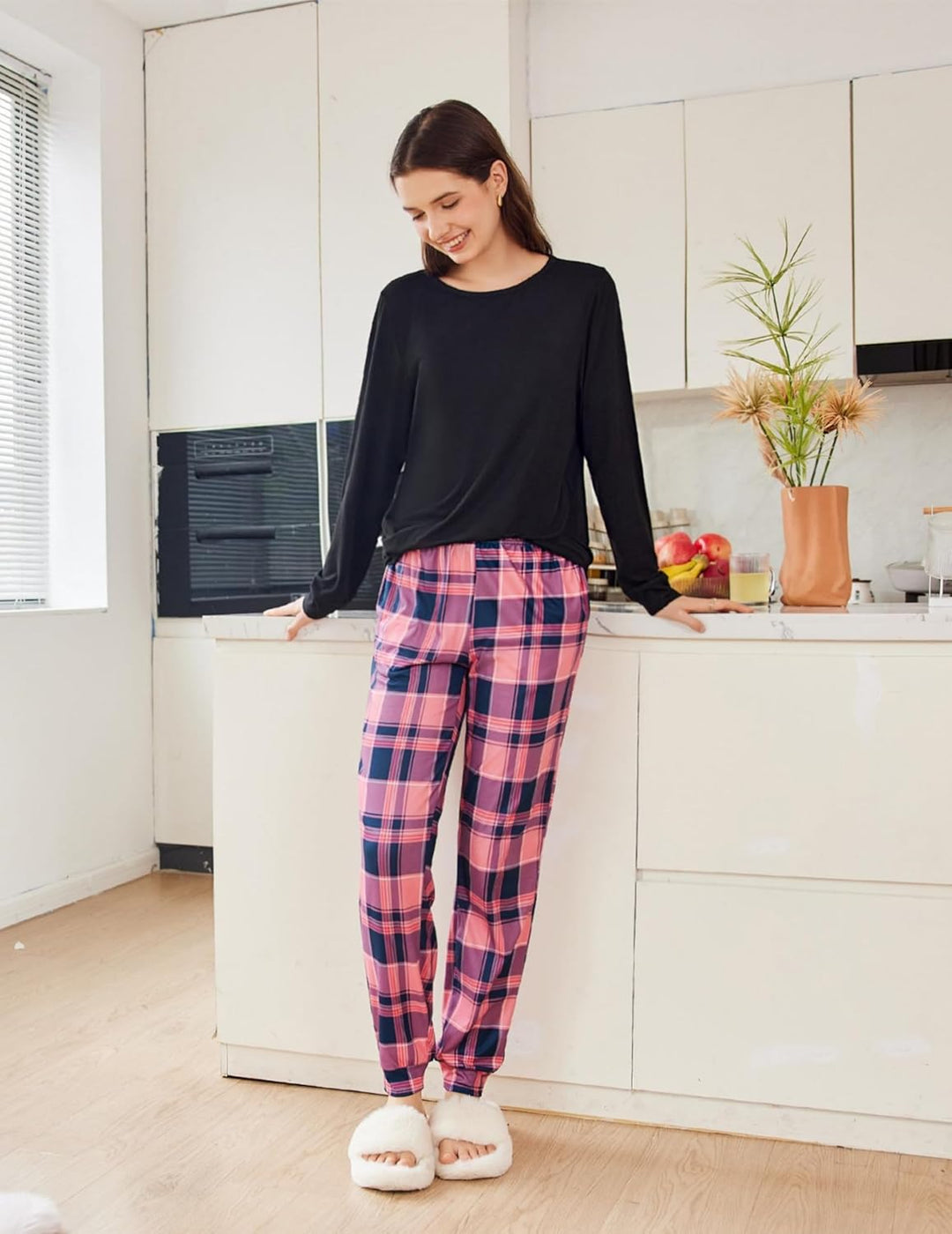 Ekouaer Schlafanzug Damen Lang Kuschelig Pyjama Set mit Bündchen Kariert Pyjamahose mit Tasche Rosa