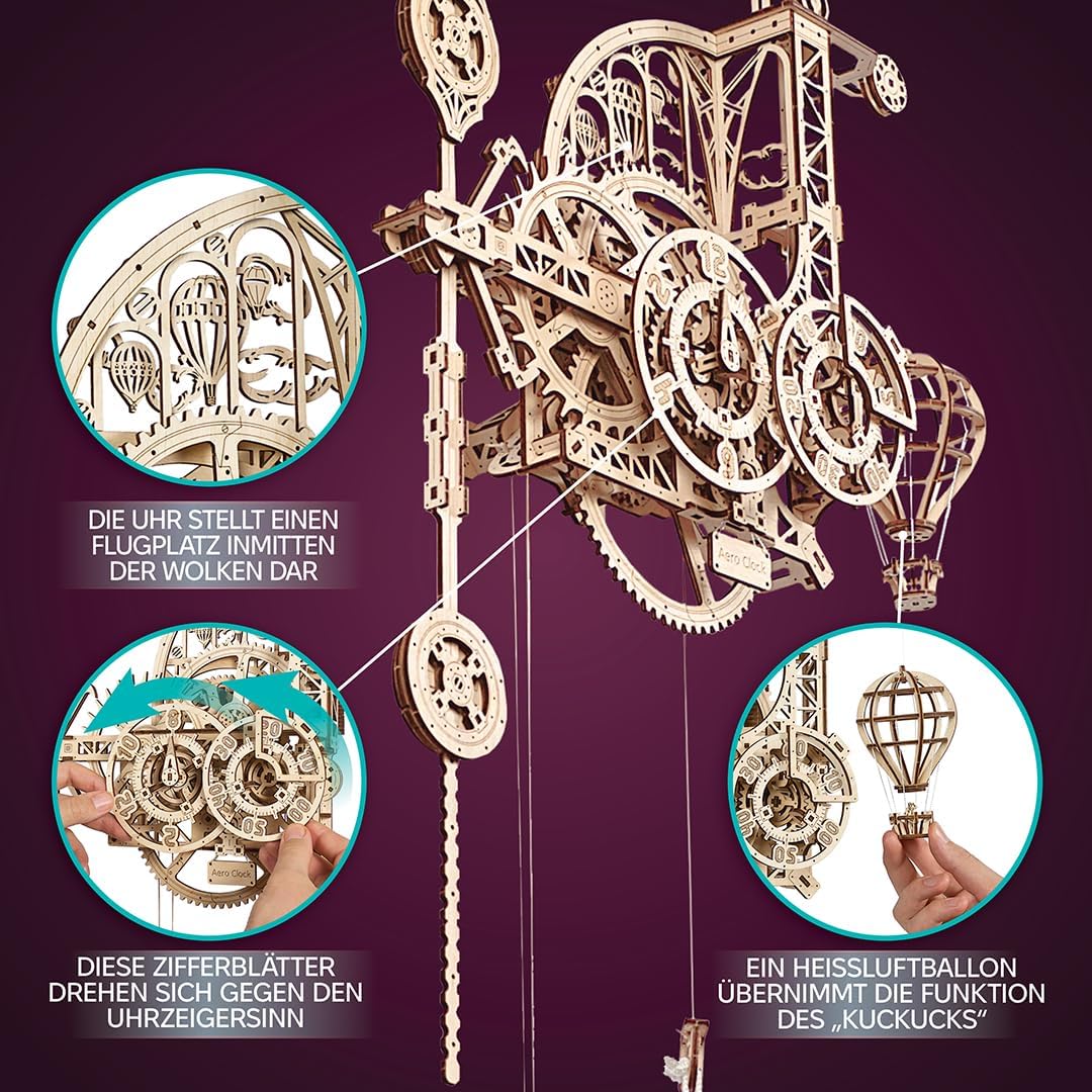 UGEARS Aero Uhr 3D Puzzle - Pendeluhr Aero Clock - Modellbau 3D Holzpuzzle Holzbausatz - Modellbausa