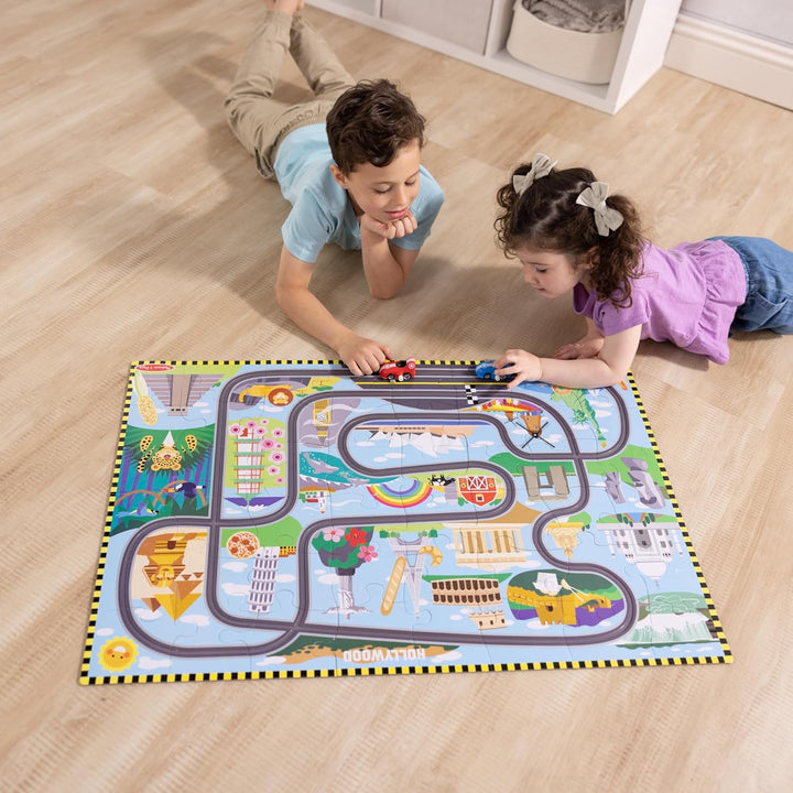 Melissa & Doug Bodenpuzzle Autorennen Rund um die Welt inkl. 2 Spielautos | 50-teilig| 91,4 x 68 cm