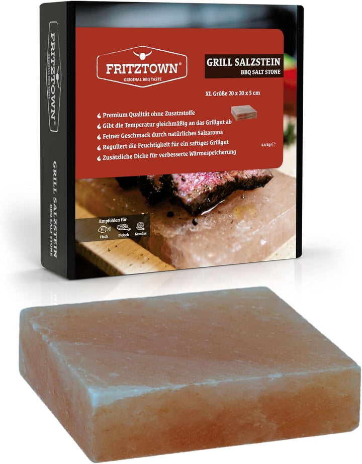 FRITZTOWN® Deluxe XL Grill Salzstein - 20x20x5 cm - 4,4 kg - Extra Stark - Feiner Geschmack durch Kr