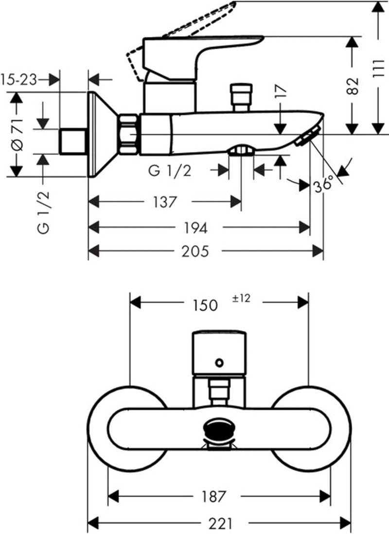 hansgrohe Wannenarmatur Talis E (Aufputz, für 2 Funktionen) Mattschwarz Mattschwarz Wanne, Mattschwa