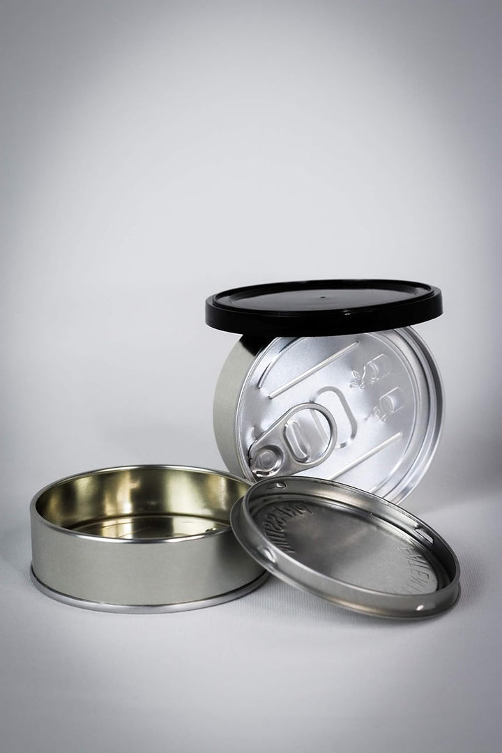 Pressitin 20x Pressitin Self Seal Cans, Tuna Tins 100 ml, Fillable with Black Plastic Lid and Black