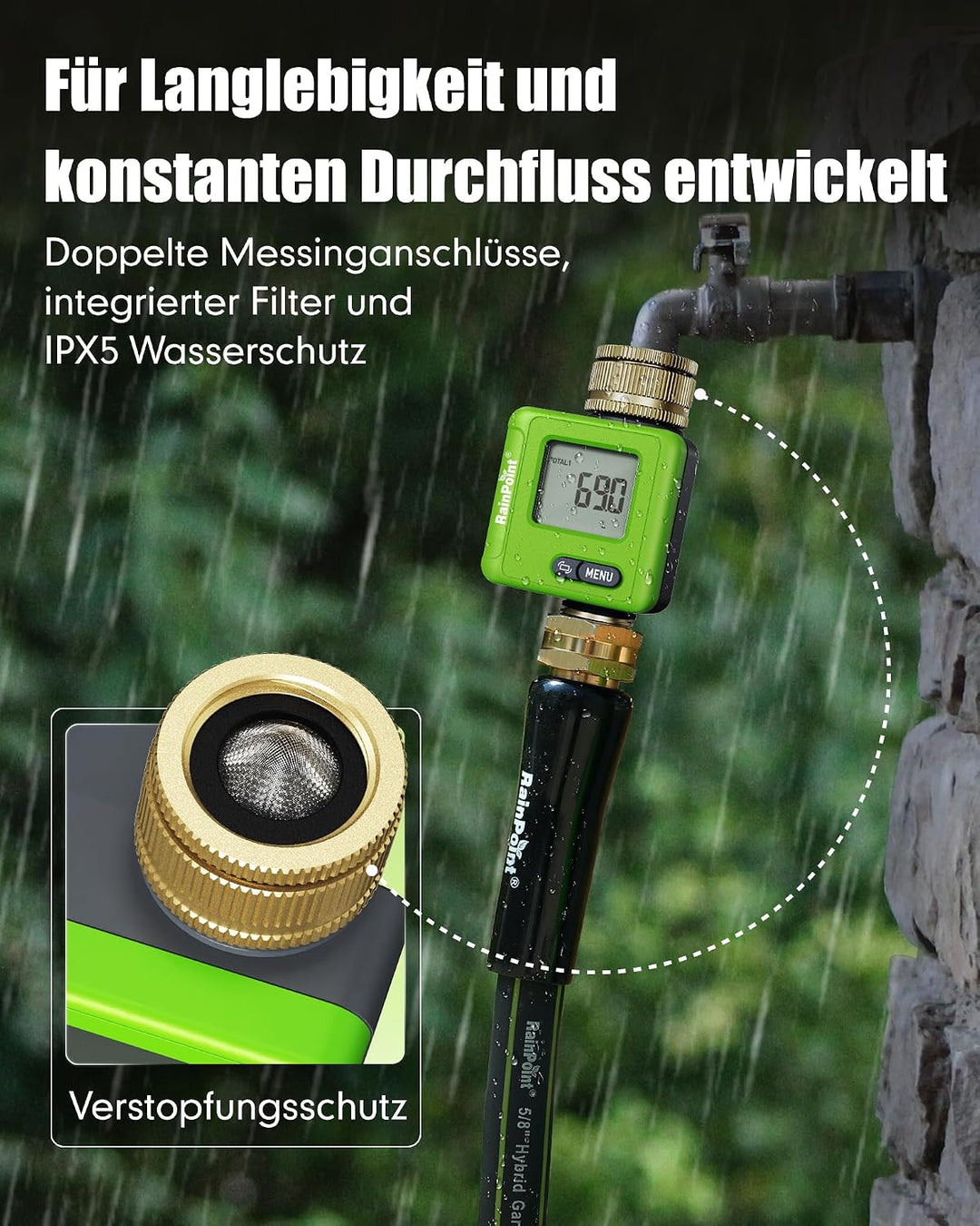 Rainpoint Smarter Bluetooth Wasserzähler mit Doppel-Messinganschlüssen, Wohnmobil Wassertank-Monitor