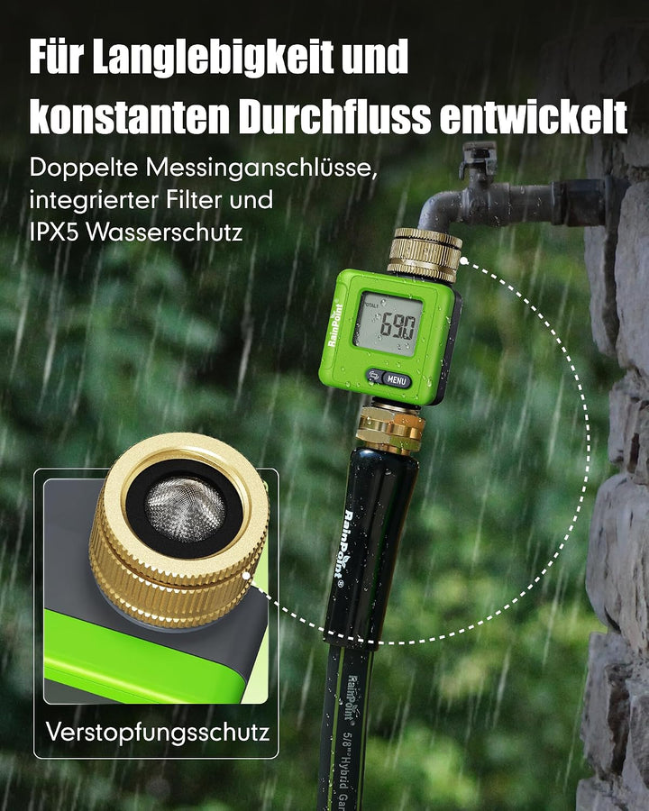 Rainpoint Smarter Bluetooth Wasserzähler mit Doppel-Messinganschlüssen, Wohnmobil Wassertank-Monitor