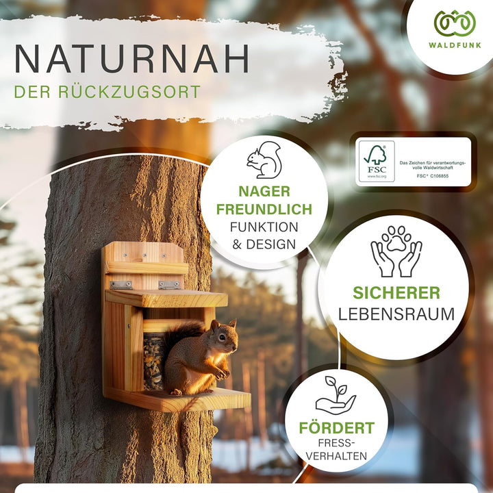 Eichhörnchen Futterstation – Wetterfestes Futterhaus aus Holz mit Belüftung, sicherer Klappmechanism
