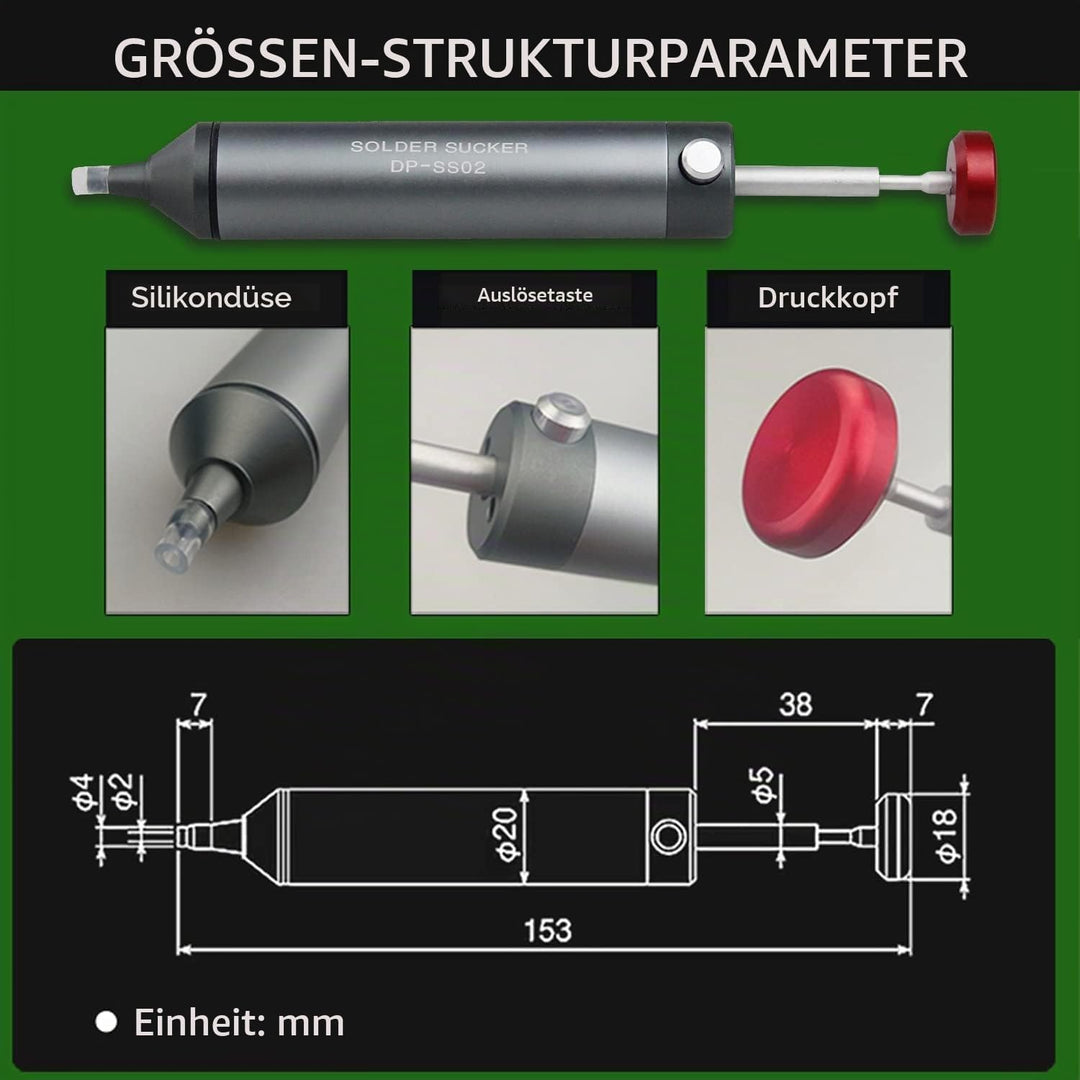 FrogBro Entlötpumpe, Nicht verstopfende Solder Sucker, 2 Silikondüsen, 2 Entlötlitze, Hitzebeständig