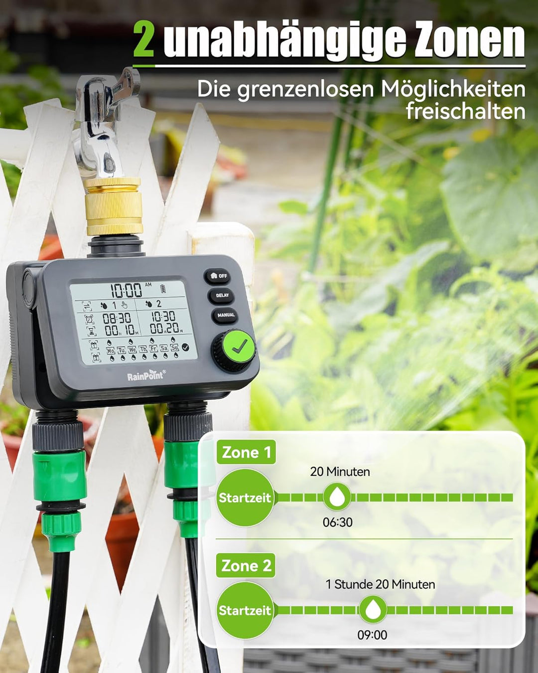 RAINPOINT Bewässerungscomputer 2 ausgänge mit Messingeinlass, Garten Bewässerungsuhr mit Regenverzög