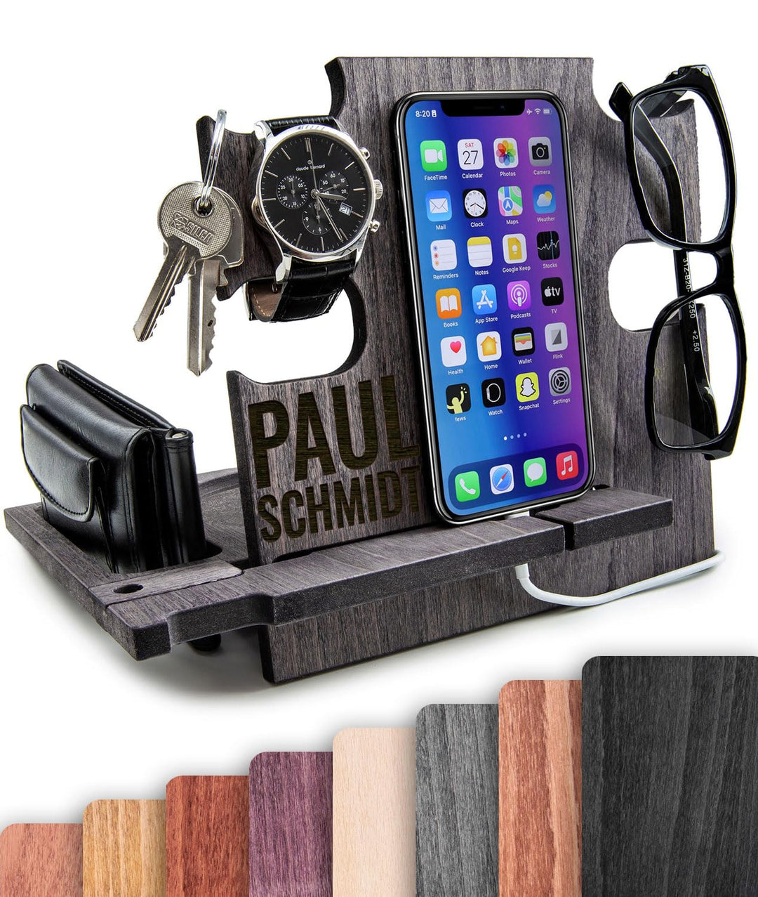 Docking Station personalisiert – Geschenk für Männer Geburtstag – Handyhalterung Organizer aus Holz