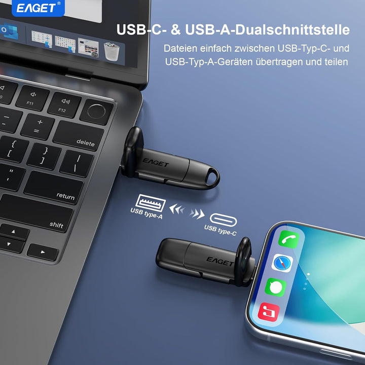 128GB USB C Stick, bis zu 400 MB/s, Dual Drive Typ-C & USB-A, USB 3.2 Speicherstick, Metallgehäuse,