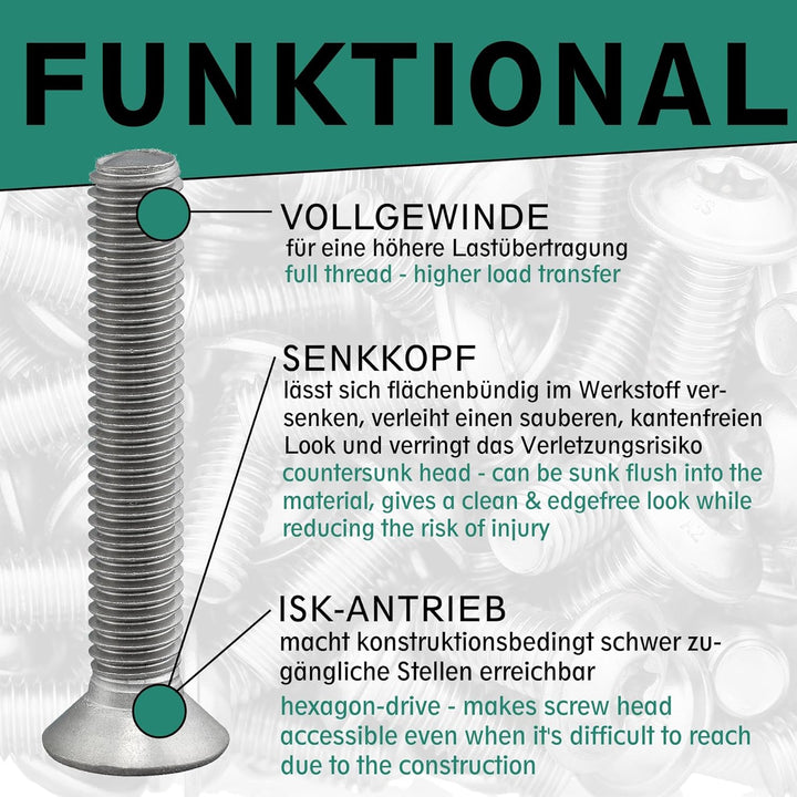 Senkkopfschraube mit Innensechskant (ISK) nach Norm ISO 10642 / DIN 7991, rostfreier Edelstahl, A2,