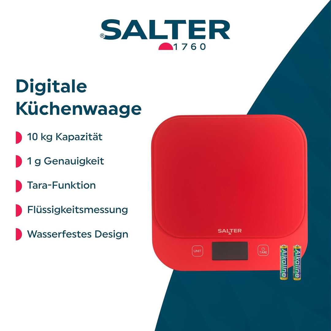 Salter British Bakes Digitale Küchenwaage – Hohe Kapazität von 10 kg, misst Flüssigkeiten, wasserdic