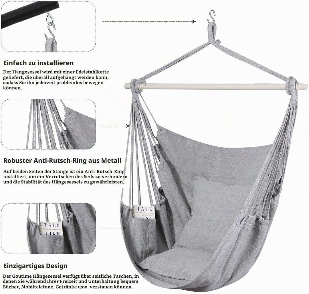 Goutime Schaukel Stuhl Grosse Hängematte Stuhl Weiche Baumwolle mit 2 Sitzkissen Kissen mit Tragetas
