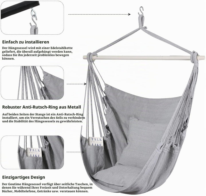 Goutime Schaukel Stuhl Grosse Hängematte Stuhl Weiche Baumwolle mit 2 Sitzkissen Kissen mit Tragetas