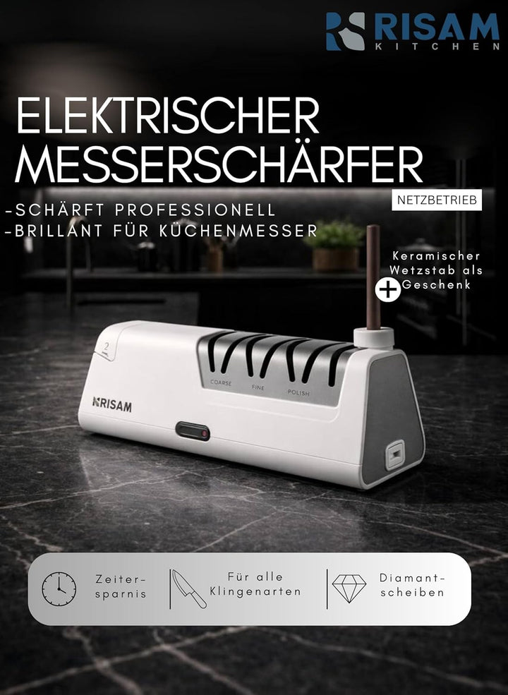 Messerschärfer elektrisch – 2-Stufen Schleifsystem – Messer schärfen für Küchenmesser & Keramikmesse
