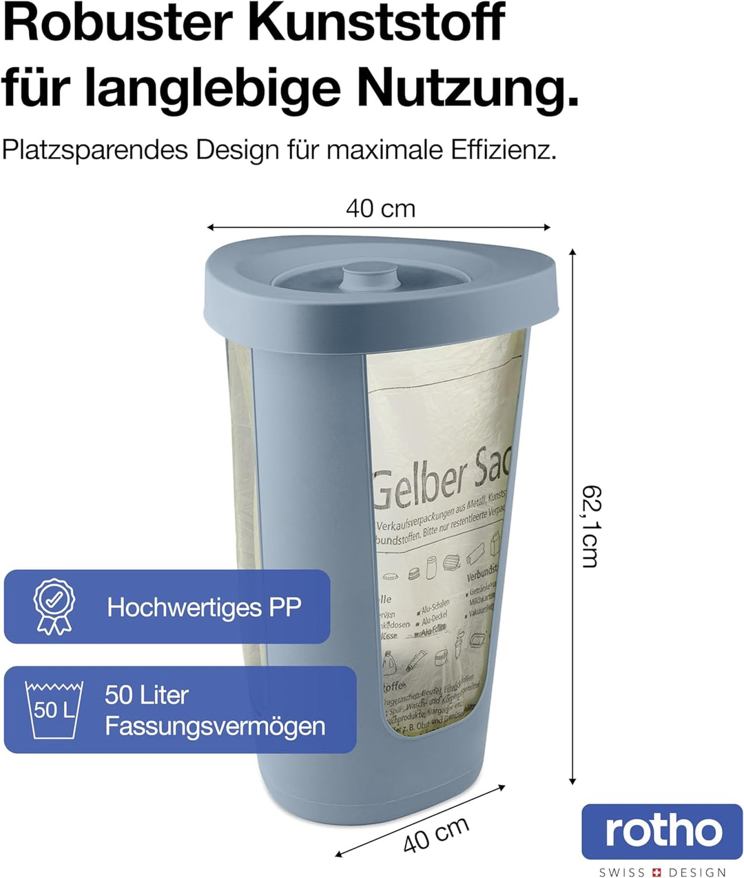 Rotho Fabu Müllsackständer gelber Sack mit Deckel, Kunststoff (PP recycelt), blau, 40 cm 1 x Müllsac