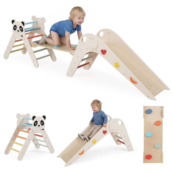 FANTASK Kletterdreiecke Indoor 3er Set, Klappbares Klettergerüst Holz mit Rutsche, Rampe & Kletterle