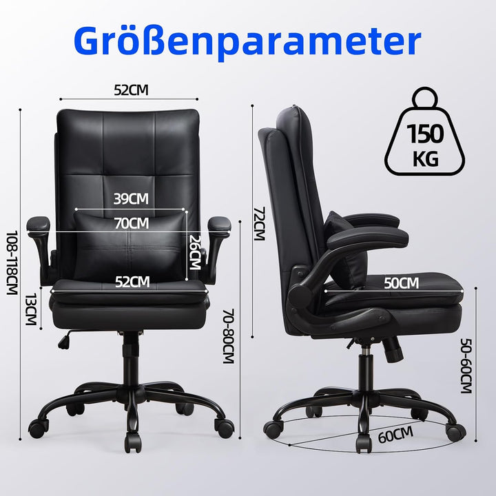 Bürostuhl Ergonomisch Schreibtischstuhl mit Hochklappbare Armlehne | Lordosenstütze, Bürostuhl 150kg