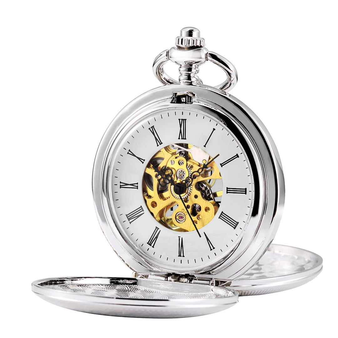 TREEWETO Herren-Taschenuhr mit doppeltem offenem Gehäuse, mechanischer Handaufzug, silberfarbene Tas