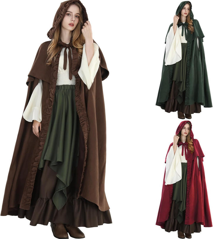 Fiamll Mittelalter Umhang Damen Kapuze Mantel mit Manschette Einfarbige Trenchcoat Renaissance Vampi