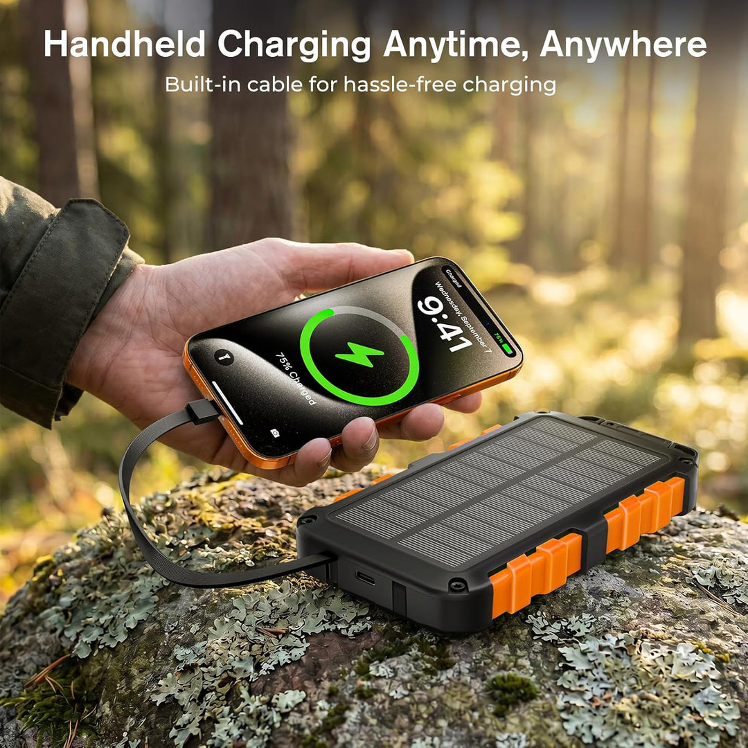 Solar Powerbank 10000mAh mit 2 integrierten Kabeln, Tragbares Solar-Ladegerät mit USB C PD 15W Schne