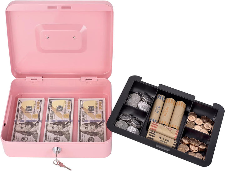 Rosa Geldkassette mit Geldablage und Schloss, Metall-Spardose für Bargeld, Schlosskasten für Geld, 2