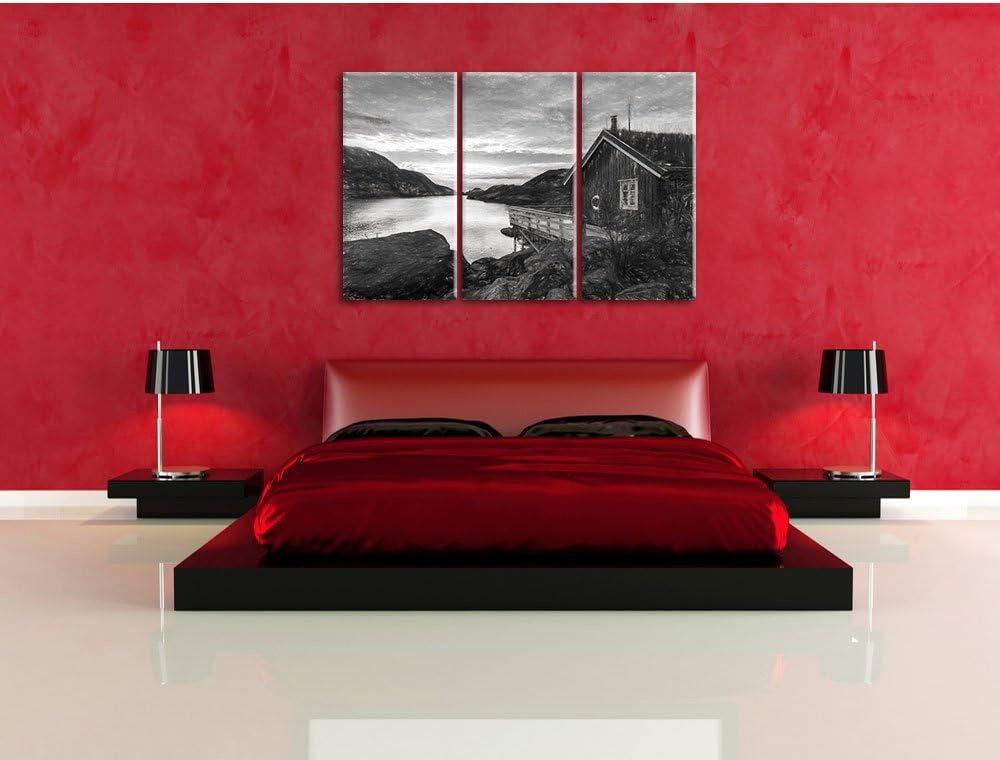 Pixxprint Sonnenaufgang am Fjord Norwegens / 3-Teilig/Gesamtmass 120cm Leinwandbild bespannt auf Hol