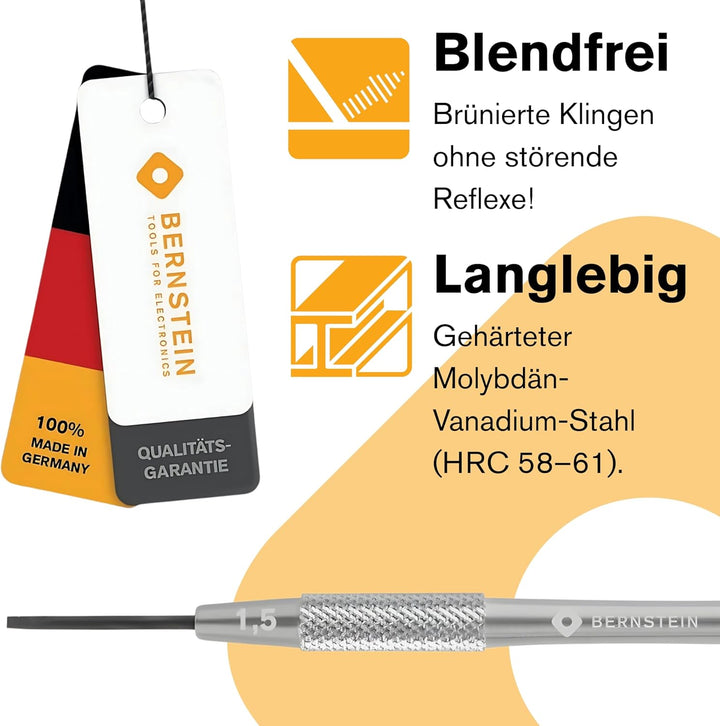 BERNSTEIN Uhrmacher-Mikro-Schraubendreher 3-tlg Schlitz 0,6/1,0/1,5 mm, Uhrmacherwerkzeug Set, Für U