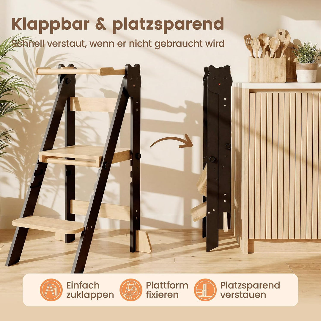 Lernturm Klappbar & 3-Fach Höhenverstellbar - Kippsicherer Learning Tower aus Kiefernholz - Mitwachs