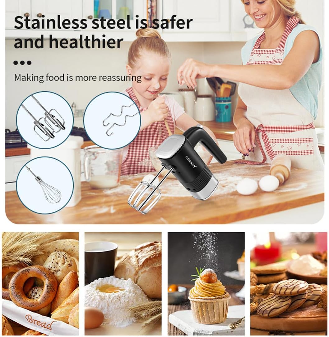SOKANY 800W Handrührgerät Edelstahlkneter Handmixer, 5 Geschwindigkeiten mit Exit-Taste, Handrührer