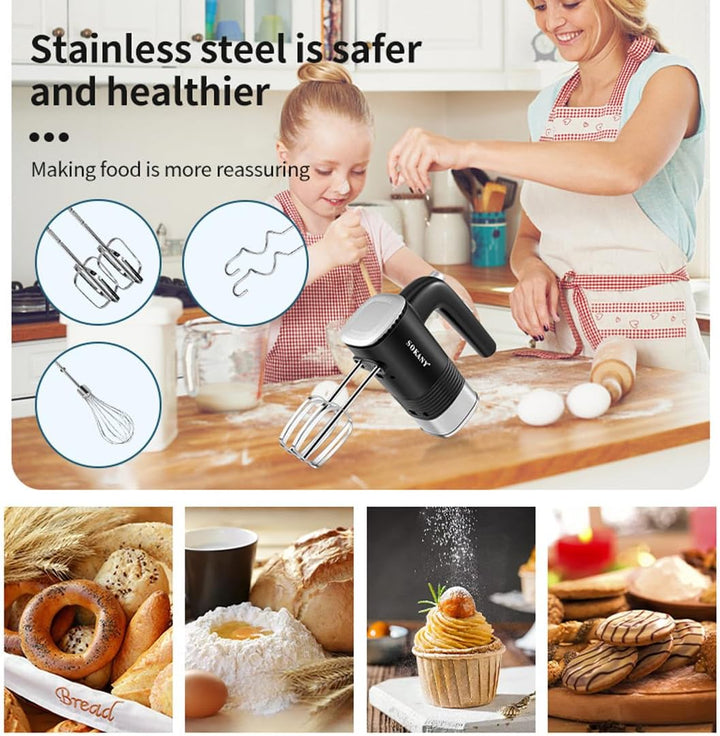 SOKANY 800W Handrührgerät Edelstahlkneter Handmixer, 5 Geschwindigkeiten mit Exit-Taste, Handrührer
