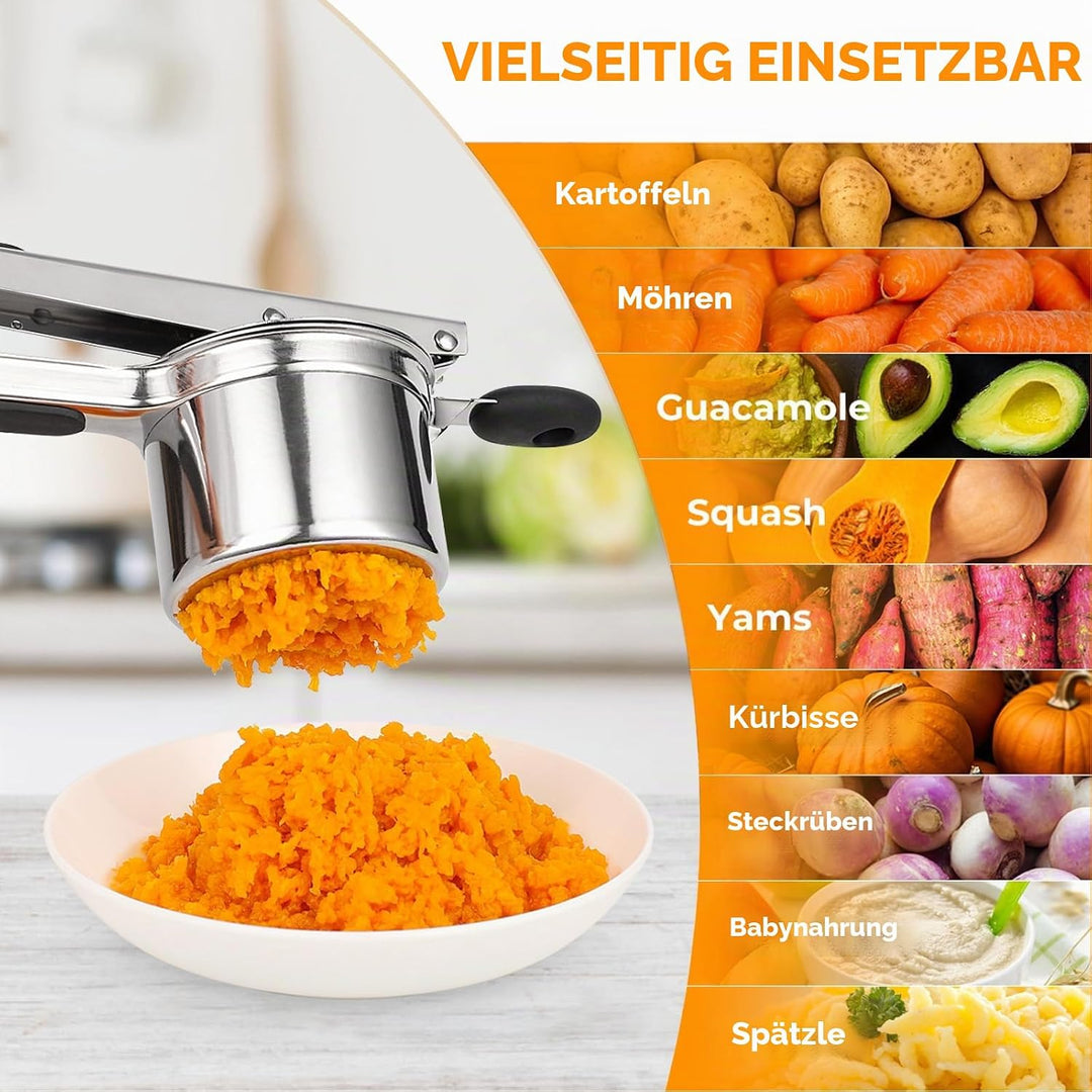 Kartoffelpresse aus Edelstahl 450 ml, robuster Kartoffelstampfer mit Feste Scheibe, Küchenhelfer für