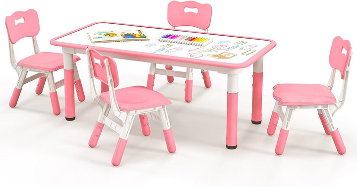 LIFEZEAL Kindertisch mit 4 Stühlen, Höhenverstellbare Kindertischgruppe, Plastik Kindermöbel für Kin