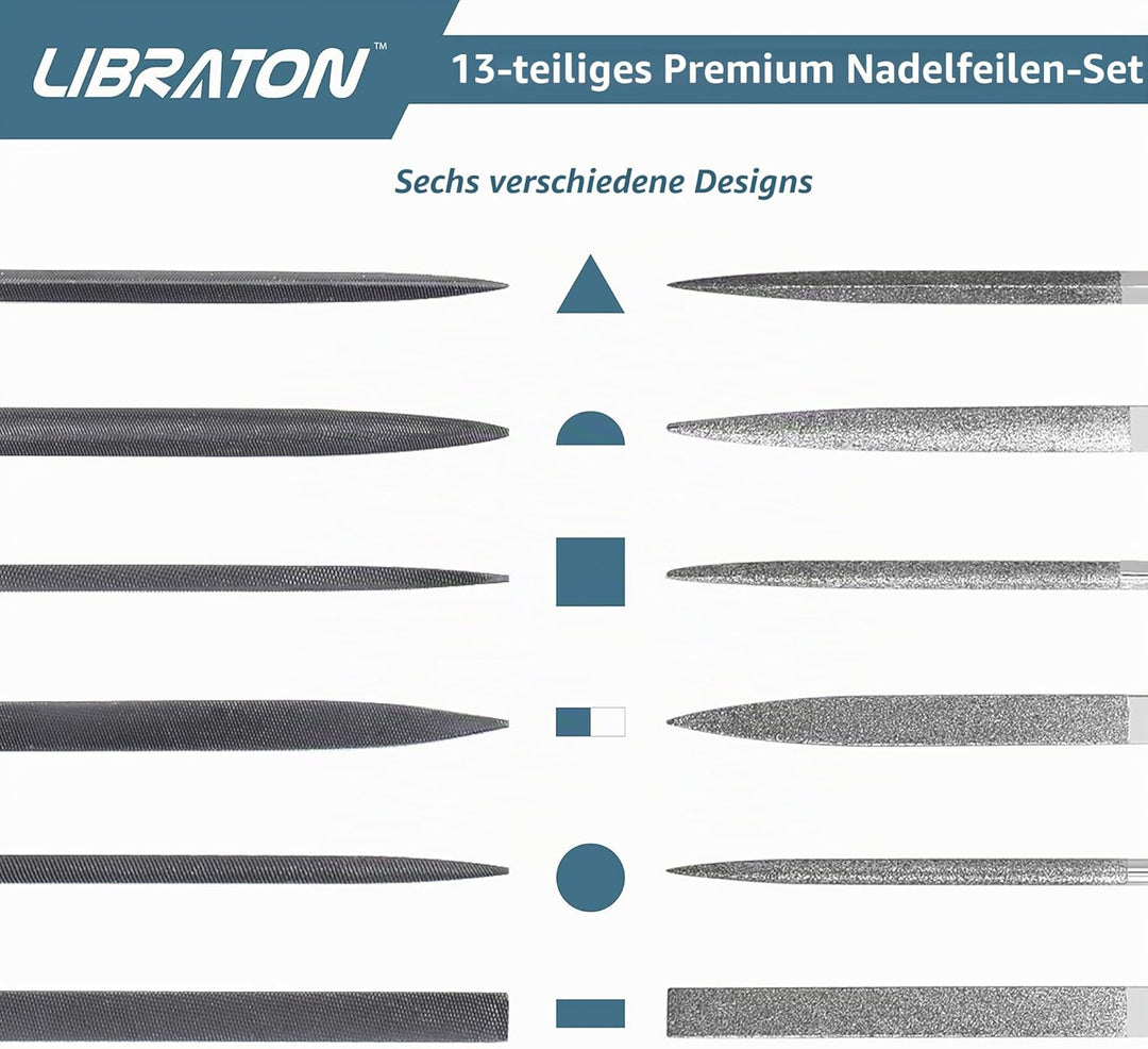 LIBRATON Nadelfeilen, Feilenset, Schlüsselfeilen, Diamant Feilen 13tlg, Holz und Metall, Mini Feilen