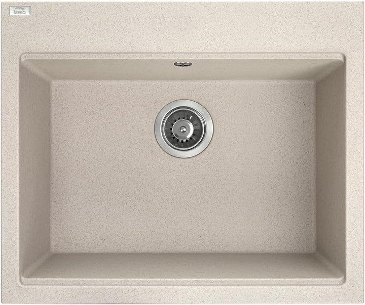 VBChome Spülbecken mit Armatur 60 x 50 cm Beige Einzelbecken Granit Rechteckig Einbauspüle Gesprenke