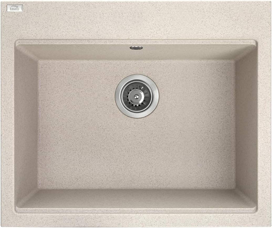VBChome Spülbecken mit Armatur 60 x 50 cm Beige Einzelbecken Granit Rechteckig Einbauspüle Gesprenke