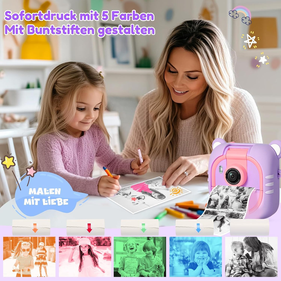 Sofortbildkamera Kinder,7 Druckpapier (4x Farbe: Orange/Rot/Grün/Blau + 3x SW), 2,4" Kinderkamera mi