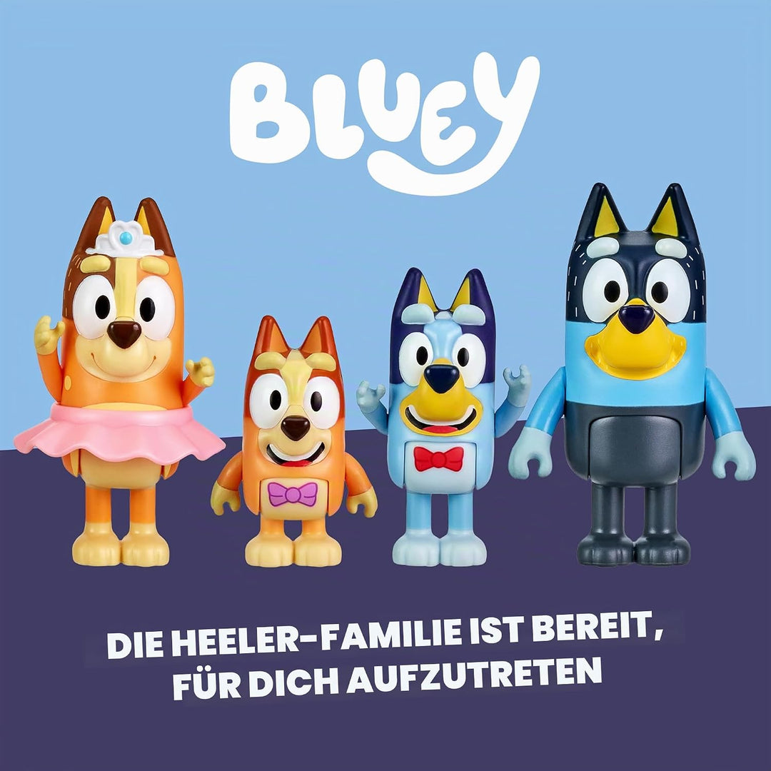 Bluey "The Show 4er-Pack 6,3–7,6 cm offizielle Actionfiguren, Bingo, Chili (Mama) und Bandit (Papa)