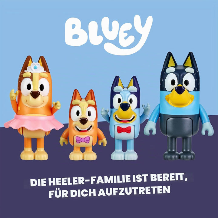 Bluey "The Show 4er-Pack 6,3–7,6 cm offizielle Actionfiguren, Bingo, Chili (Mama) und Bandit (Papa)