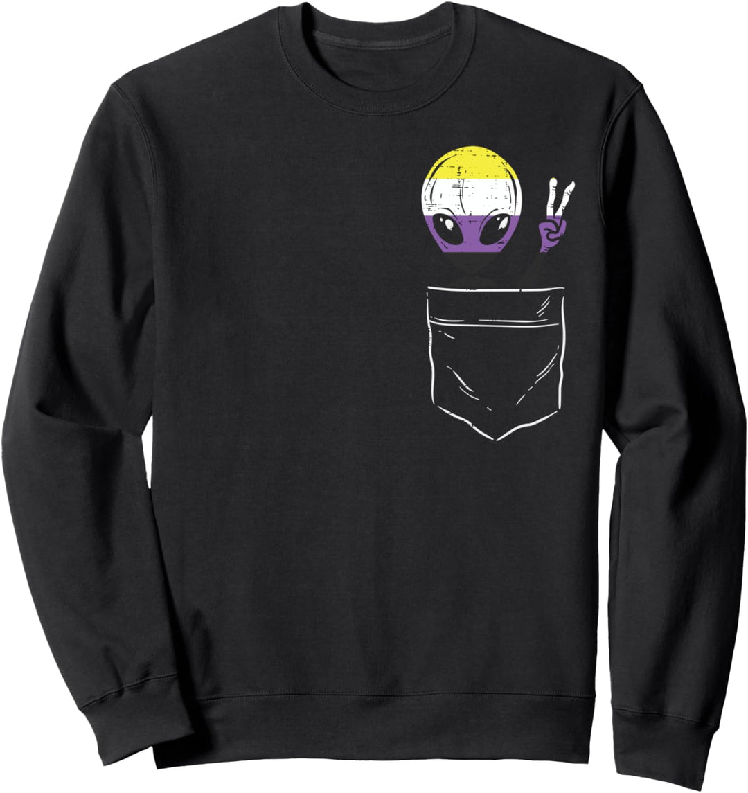 Allien In Pocket Waving LGBTQ Non-Binary Flag Genderqueer Sweatshirt