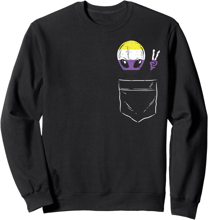 Allien In Pocket Waving LGBTQ Non-Binary Flag Genderqueer Sweatshirt