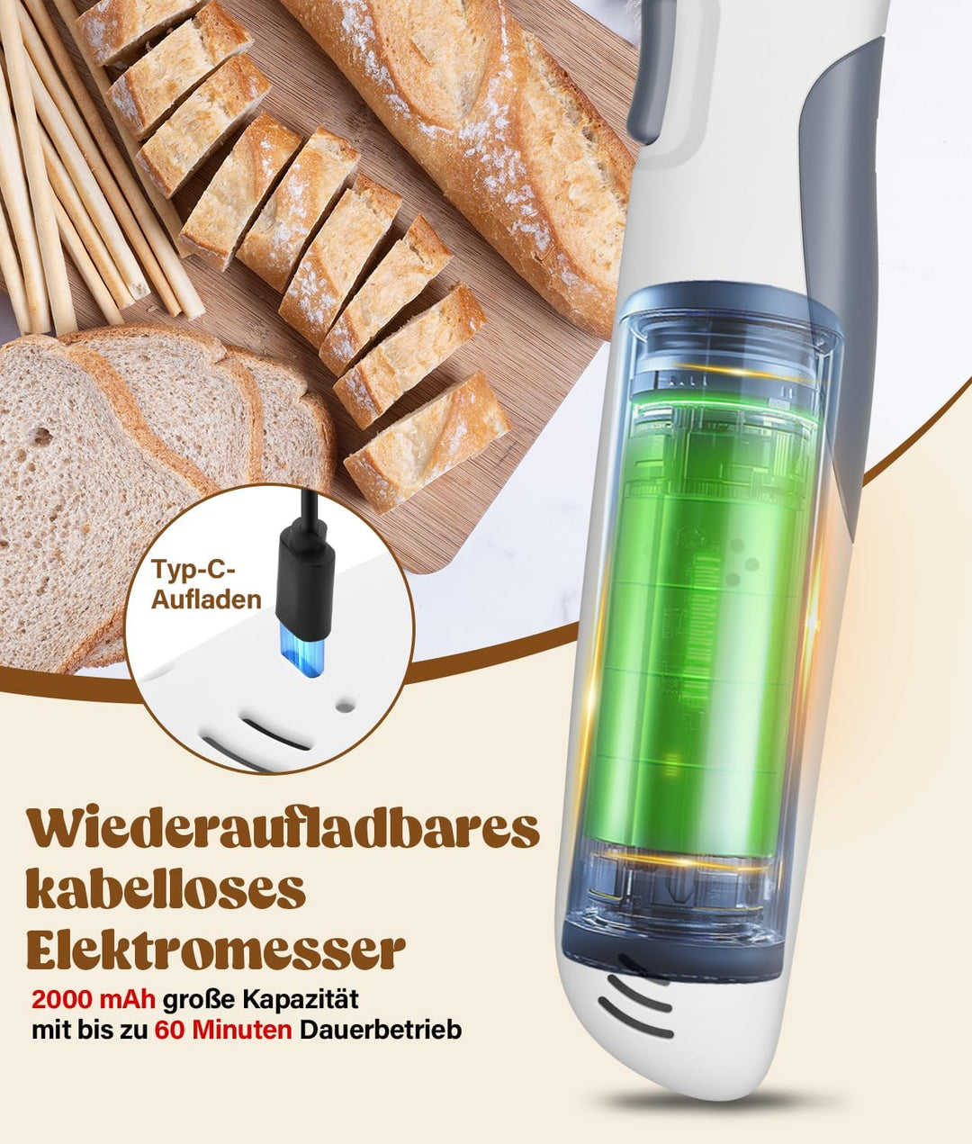 PAHTTO Elektromesser, Kabelloses Küchenmesser mit 2 Edelstahlklingen und Gabel, 8 V Elektrisches Mes